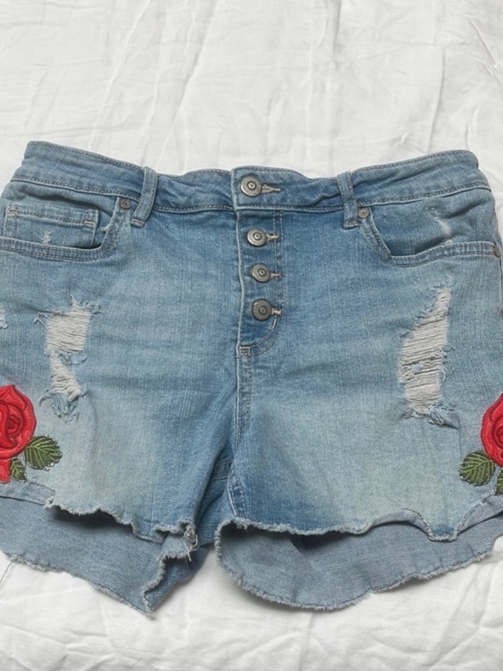 No Boundaries Light Blue Distressed Denim Shorts with Red Rose Embroidery